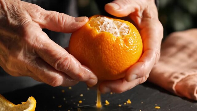 Elderly hands peel a vibrant orange citrus fruit, close-up view, juicy droplets visible