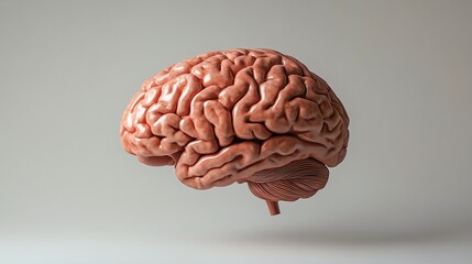 A highly detailed human brain with realistic folds and textures, floating against a soft gray background