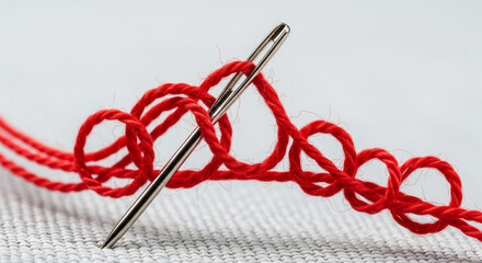 Sharp Needle and Continuous Red Thread Loops on Fabric

A low-angle, close-up macro photograph features a silver sewing needle inserted diagonally into a light-gray woven fabric