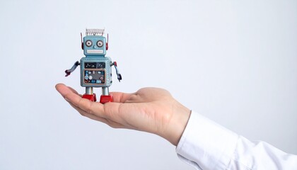 A small, vintage robot is held gently in a person's hand, representing the intersection of technology and human connection