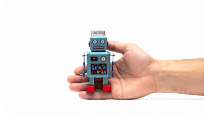 A hand holding a cute vintage robot