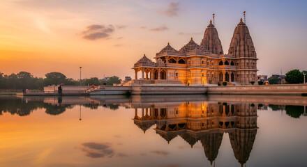 Fototapeta premium Hindu Temple Reflected in Lake at Dawn