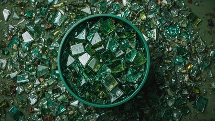 Obraz premium Top view background of many recycle pieces of broken green glass with a circular frame.