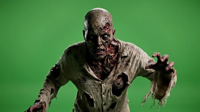 Terrifying zombie walking menacingly on green screen, perfect for horror trailers or spooky Halloween promotions this season