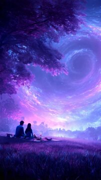 A couple sits on a grassy field under a swirling galaxy. The sky is filled with vibrant purple and blue hues, creating a serene and cosmic atmosphere.