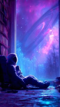 An astronaut in a space suit sits against a bookshelf, gazing at a vibrant cosmic scene with swirling galaxies and rings. The atmosphere is surreal and colorful.