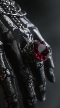 A close-up of a black hand adorned with intricate patterns and a large red gemstone ring. The background is dark and moody, enhancing the ring's brilliance.