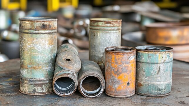 Collection of old rusted and empty fuel canisters on display