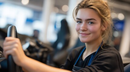 A student adjusting mirrors and seat position in a training car, highlighting safety awareness, comfort, and responsible driving habits from the very beginning. cinematic color correction, gentle