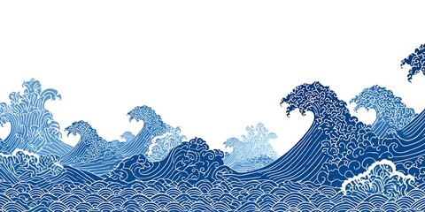 Traditional japanese woodblock print of crashing ocean waves in blue and white