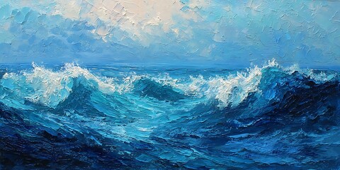 Impressionist oil painting of a turbulent ocean with crashing waves and white foam