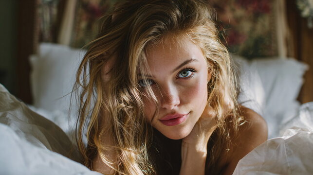 beautiful supermodel girl laying in the morning in bed
