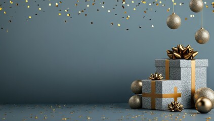 A festive and elegant background image featuring a white gift box with a gold ribbon, next to a few metallic gold and silver Christmas ornaments