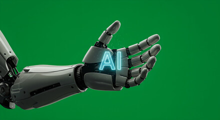Robotic hand grasping glowing AI letters. Artificial intelligence symbol in futuristic style. Machine learning and advanced technology concept for digital innovation and automation future.