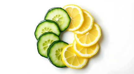 Fresh arrangement of lemon and cucumber slices forms vibrant circular pattern on clean white background, evoking freshness and health