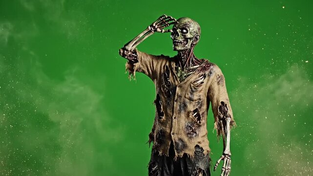 Terrifying undead zombie walking on green screen set for horror movie scene, a frightening monster for Halloween horror content, cinematic thriller