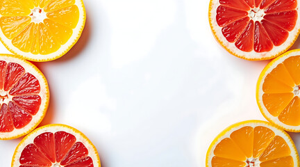 Minimalist circular layout of orange and grapefruit slices on white background creating fresh and vibrant composition