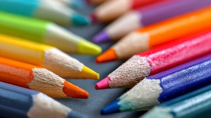 radial arrangement of sharpened colored pencils in vibrant spectrum on neutral surface for symmetrical and visually striking artistic composition