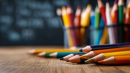 colored pencils on wooden surface with sharpened tips facing camera in soft-focus classroom setting with containers and chalkboard in background