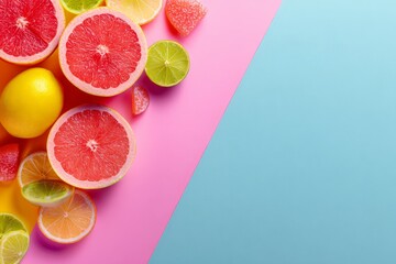 colorful citrus arrangement on diagonal pink and blue background with halved and whole fruits in vibrant summer composition