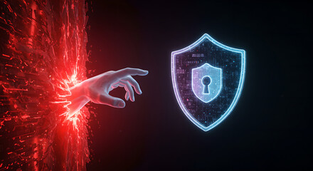 Red hand emerging from fiery portal reaching for holographic security shield with lock. Digital cybersecurity threat and protection concept. Futuristic hacking visualization for online safety