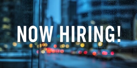 urban hiring announcement with bold white text over blurred city lights and buildings viewed through glass in dynamic nighttime composition