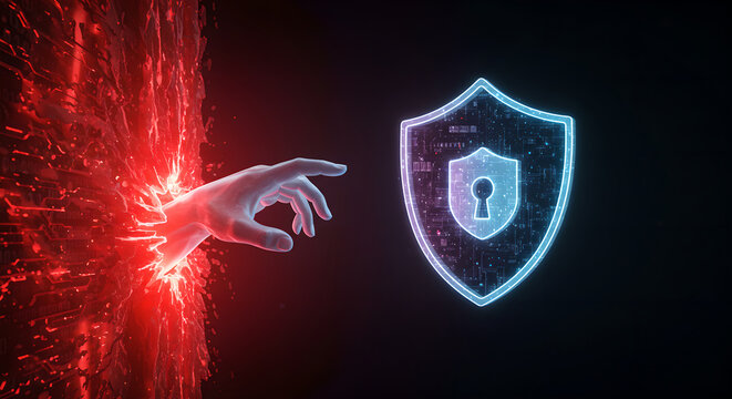 Red hand emerging from fiery portal reaching for holographic security shield with lock. Digital cybersecurity threat and protection concept. Futuristic hacking visualization for online safety