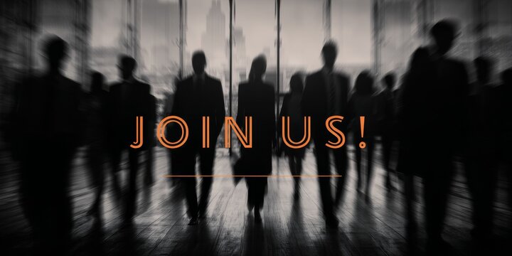 Corporate recruitment message with orange text over blurred silhouettes in glass lobby for dynamic and professional visual impact - Powered by Adobe