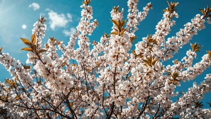 Cherry blossoms bloom against blue sky backdrop. White flowers flourish in spring garden.