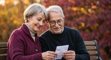 Happy senior couple checking a receipt while sitting on a park bench. Elderly man and woman reviewing their finances together in autumn. Retirement planning and budgeting concept