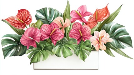 a modern cube vase with orchids, anthuriums, and tropical leaves clipart, exotic decor style, photorealistic vivid color, isolated on white background