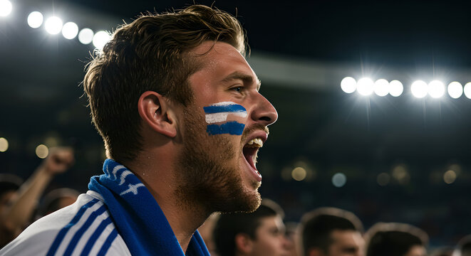 Passionate young man cheering as soccer fan in stadium. Excited supporter with blue and white face paint and scarf raised fist. Sports enthusiasm and team loyalty concept.