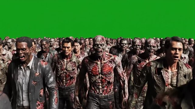 Zombie horde advances relentlessly on green screen background, perfect for horror film effects and post-apocalyptic scenes, adding realistic terror
