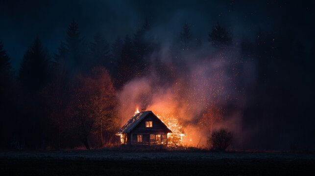 house on fire in the middle of the forest at night
