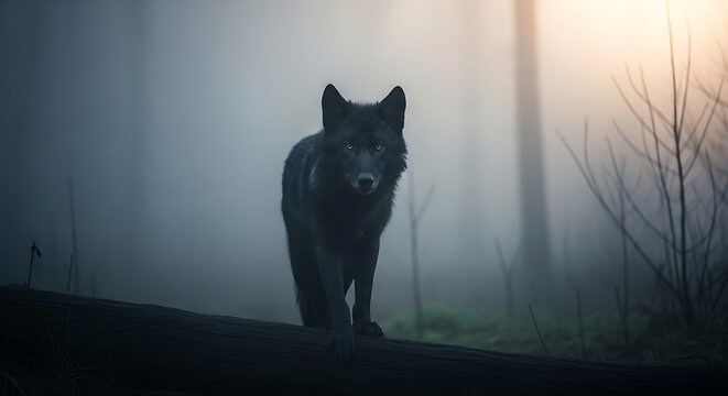 A black wolf walking in a misty and dark forest scene