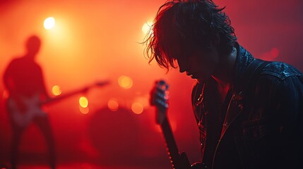A talented musician enchants the crowd with powerful guitar riffs and dramatic lighting, creating an unforgettable vibe