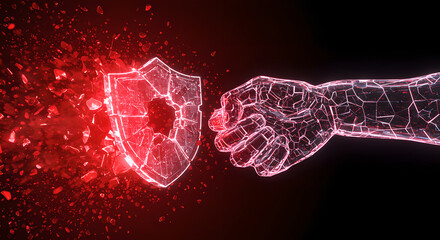 Cybernetic fist shattering glowing red shield. Breaking through digital security barrier in virtual world. Futuristic cybersecurity breach and hacking concept.