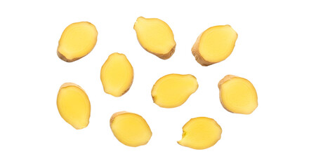 A scattered arrangement of ginger slices on transparent background, png