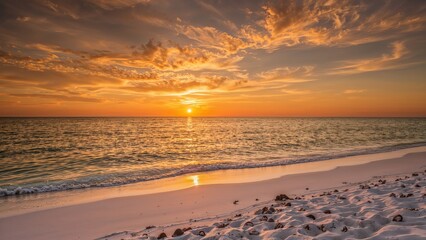 Obraz premium Sea sunset over the ocean with colorful sky and calm waves at the beach. Coastal scene during sunset, capturing the beauty of the evening sky and shoreline.