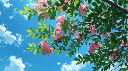 Pink cherry blossoms on a branch against a bright blue sky with clouds