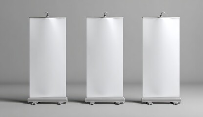 Blank Roll-Up Banners: Three blank roll-up banners stand side-by-side, ready for your message, offering a canvas of modern presentation. Capturing the essence of simplicity and versatility.