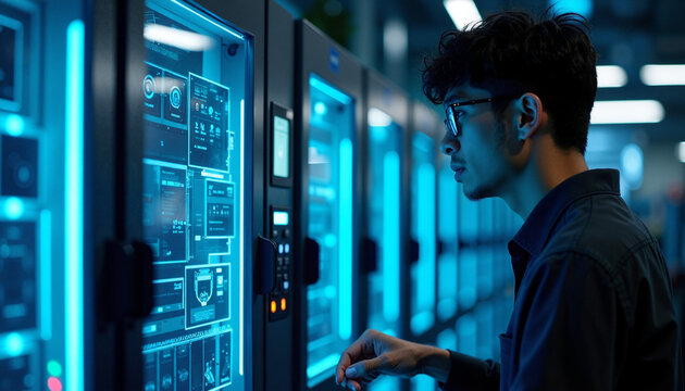 Young IT technician reviewing network server data in data center. Network server analysis includes diagnostics and checks for cybersecurity threats. - Powered by Adobe