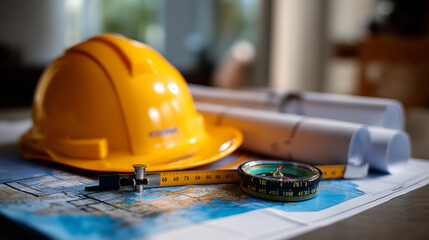 Construction blueprints with yellow safety hardhat and compass tool architectural planning building design engineering equipment construction industry technical drawings