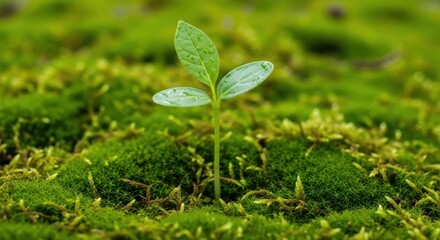 A small green seedling sprouts from a bed of lush green moss, symbolizing growth and new beginnings
