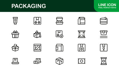 Professional packaging line icon set with minimal, editable vector designs — perfect for creating standout visuals in modern branding and design projects