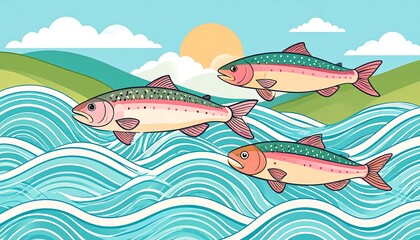 Cartoon illustration featuring three fish swimming in wavy water, with a background of hills, clouds, and a sun