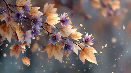 Mystic autumn scene: faded leaves in mid-lit spotlight, golden and blue-grey colours in soft diversity. Dimensional natural signs evoke seasonal serenity and quiet occasion