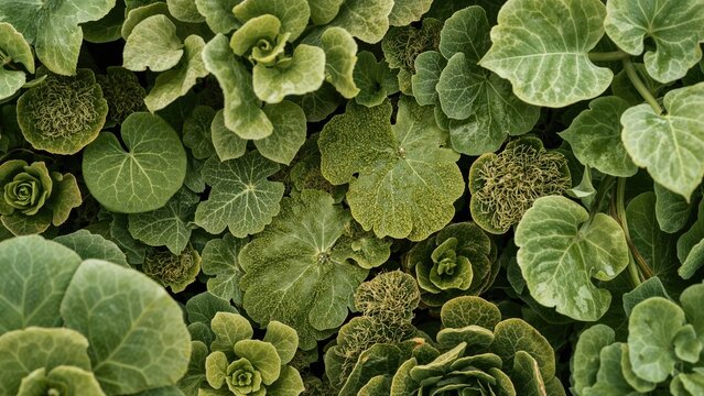 Abstract background featuring green leaf details and textures.