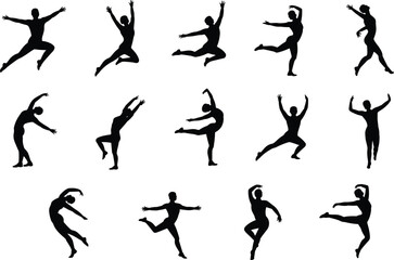 Dance silhouettes, expressive poses, body movement, energetic stances, contemporary choreography, black icons, performance art, flat vector illustration, graceful motion