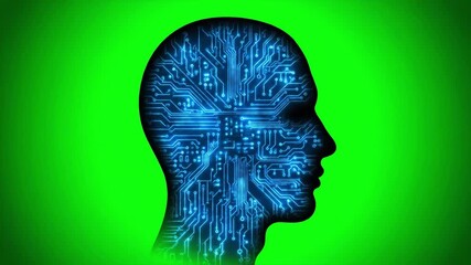 Futuristic digital silhouette of human head showcasing intricate circuit patterns, representing artificial intelligence and technology against vibrant green background - Powered by Adobe